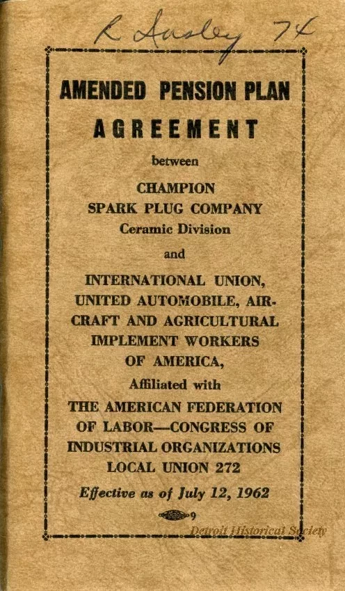 Agreement - Amended Pension Plan Agreement between Champion Spark Plug Company Ceramic Division and International Union, United Automobile, Aerospace and Agricultural Implement Workers of America, Affiliated with The American Federation of Labor - Congres