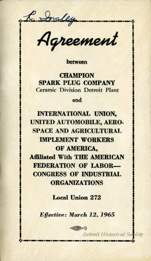 Agreement - Agreement between Champion Spark Plug Company Ceramic Division Detroit Plant and International Union, United Automobile, Aerospace and Agricultural Implement Workers of America, Affiliated With The American Federation of Labor - Congress of [.