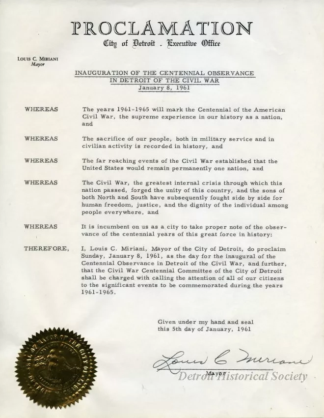 Proclamation - Inauguration of the Centennial Observance in Detroit of the Civil War
