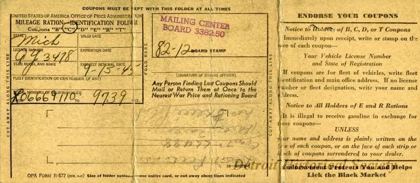 Coupon, Ration - Mileage Ration Identification Folder