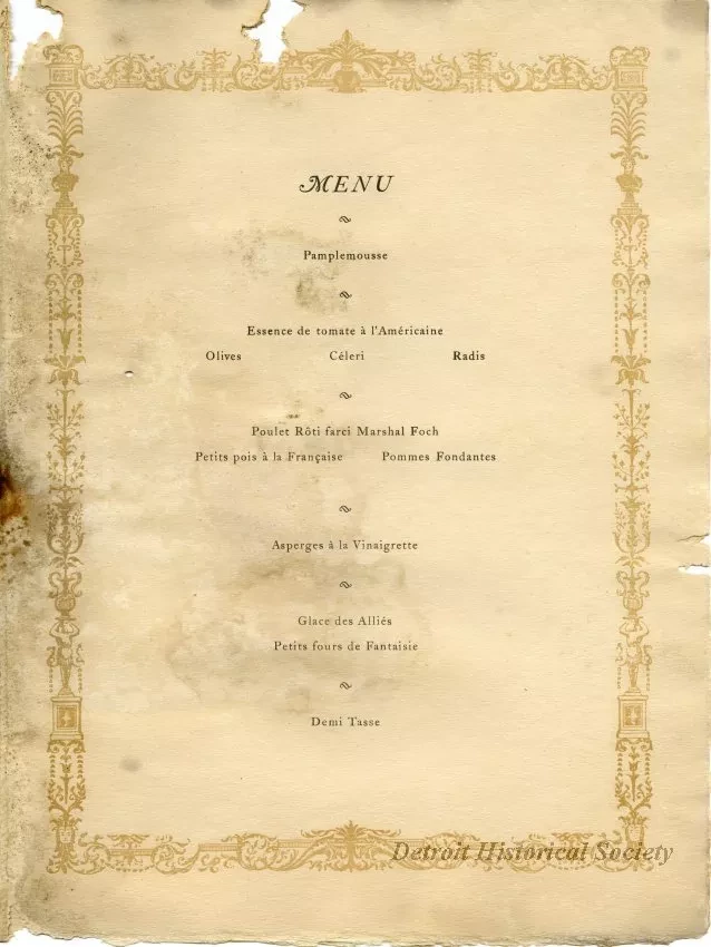 Menu - Honoring Marshal Ferdinand Foch