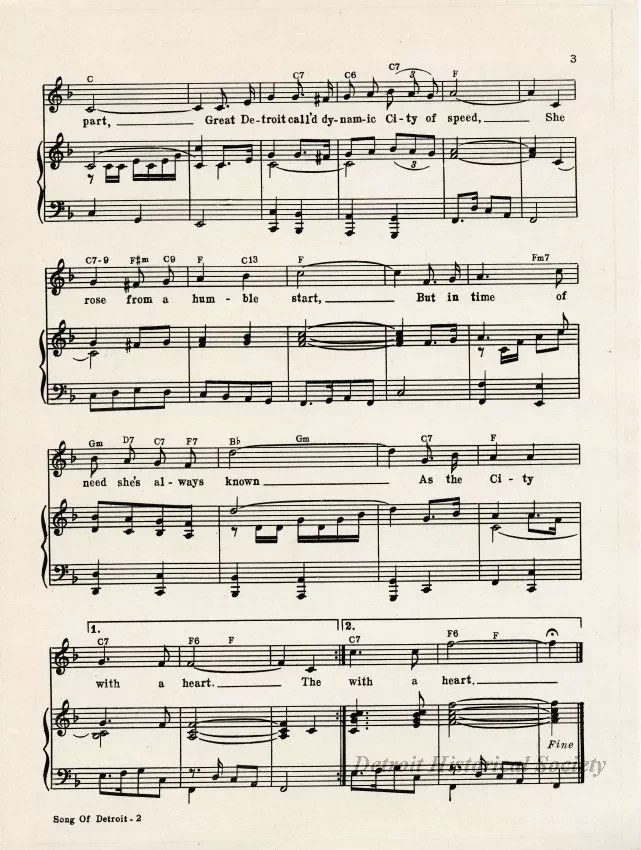 Music, Sheet - Song of Detroit, The City With a Heart