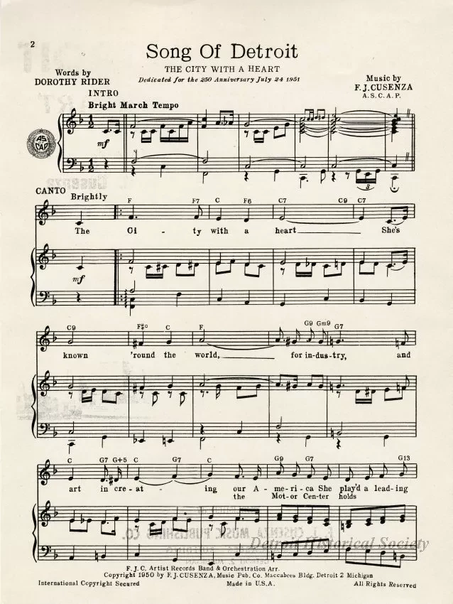 Music, Sheet - Song of Detroit, The City With a Heart
