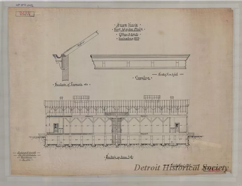 Drawing, Architectural - Store House, Fort Wayne, Michigan.
Office A.A.Q.M., November, 1889