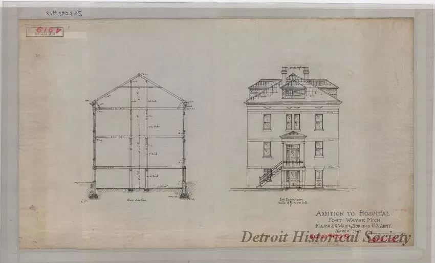Drawing, Architectural - Addition to Hospital, Fort Wayne, Michigan.
Major P. G. Wales, Surgeon, U.S. Army.  March, 1907.