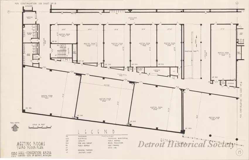 Drawing, Architectural - Cafeteria & Meeting Rooms, 
Third Floor Plan, 
Cobo Hall - Convention Arena, 
Civic Center - City of Detroit, Michigan