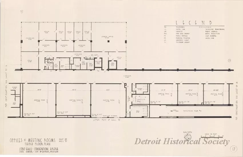 Drawing, Architectural - Offices & Meeting Rooms East of Hall B, 
Third Floor Plan, 
Cobo Hall - Convention Arena, 
Civic Center - City of Detroit, Michigan