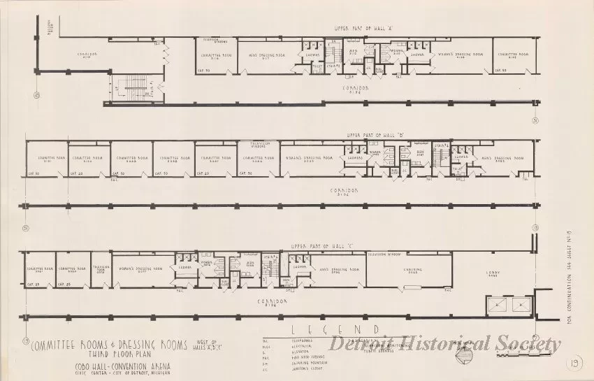 Drawing, Architectural - Committee Rooms & Dressing Rooms West of Halls A,B,C, 
Third Floor Plan, 
Cobo Hall - Convention Arena, 
Civic Center - City of Detroit, Michigan