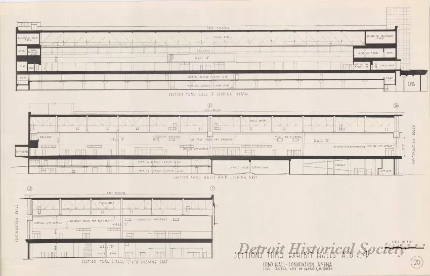 Drawing, Architectural - Sections Thru Exhibit Halls A, B, C, & D, 
Cobo Hall - Convention Arena, 
Civic Center - City of Detroit, Michigan
