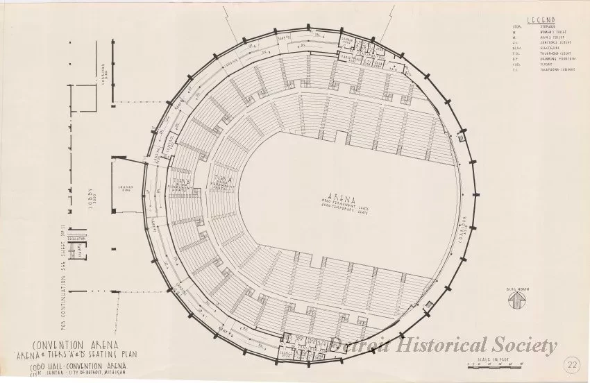 Drawing, Architectural - Convention Arena, 
Arena & Tiers A & B Seating Plan, 
Cobo Hall - Convention Arena, 
Civic Center - City of Detroit, Michigan