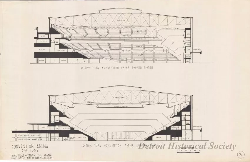 Drawing, Architectural - Convention Arena, 
Sections, 
Cobo Hall - Convention Arena, 
Civic Center - City of Detroit, Michigan