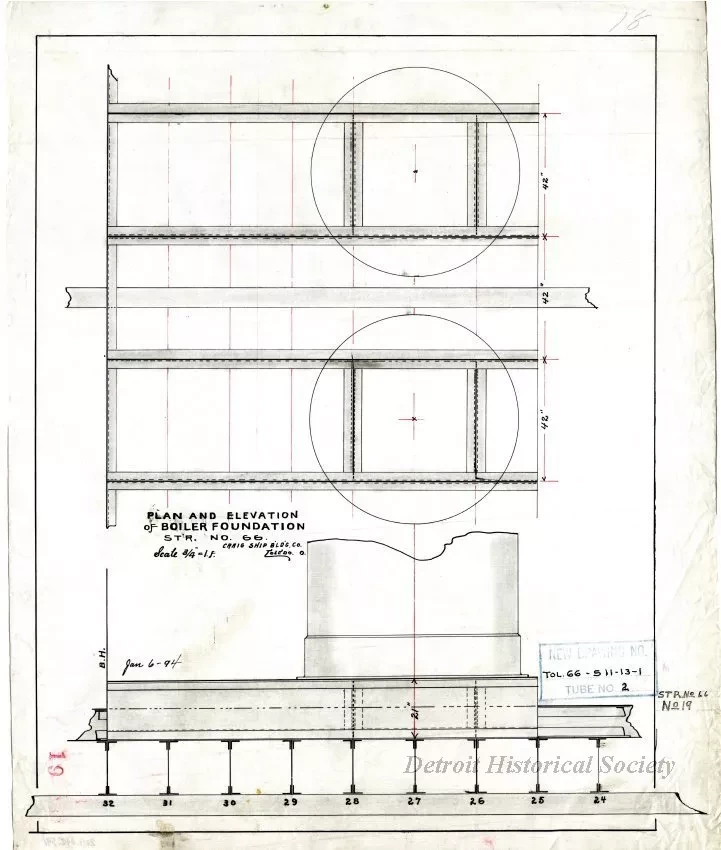 Drawing, Technical - Plan and Elevation of Boiler Foundation, 
Str. [Steamer] No. 66