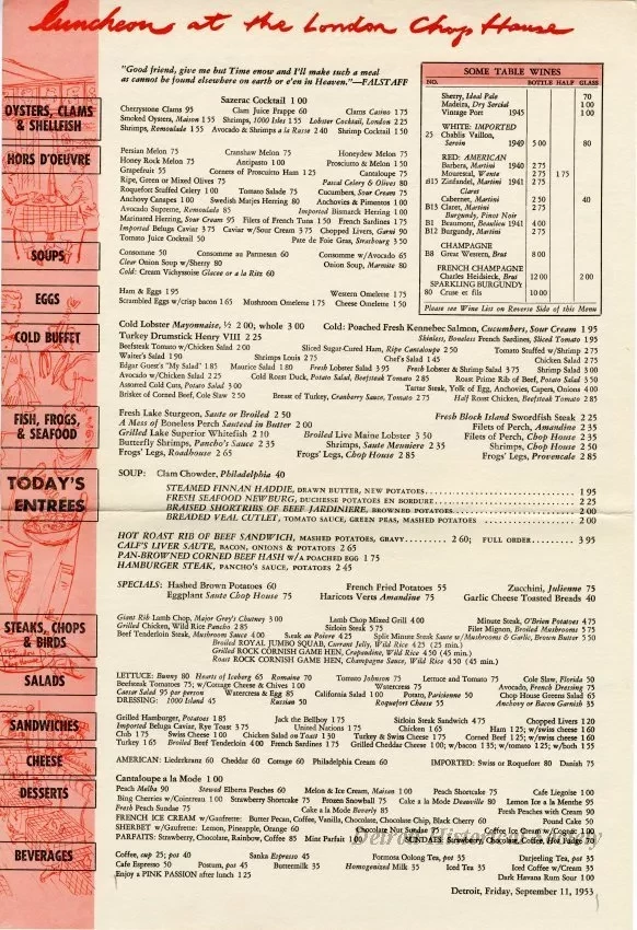 Menu - Luncheon at the London Chop House