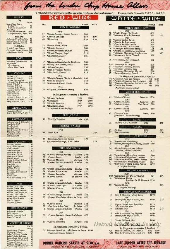 Menu - Dinner at the London Chop House