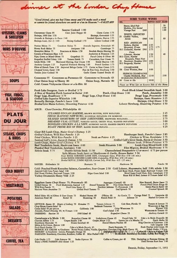 Menu - Dinner at the London Chop House