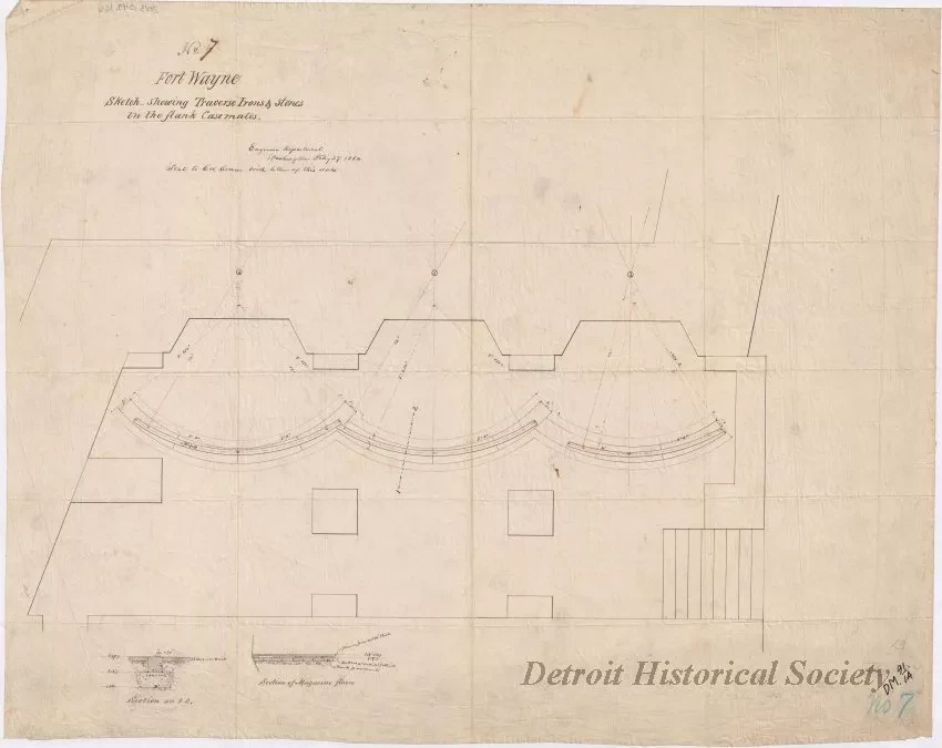 Drawing, Architectural - No. 7, Fort Wayne,
Sketch Showing Traverse Irons & Stones in the Flank Casemates