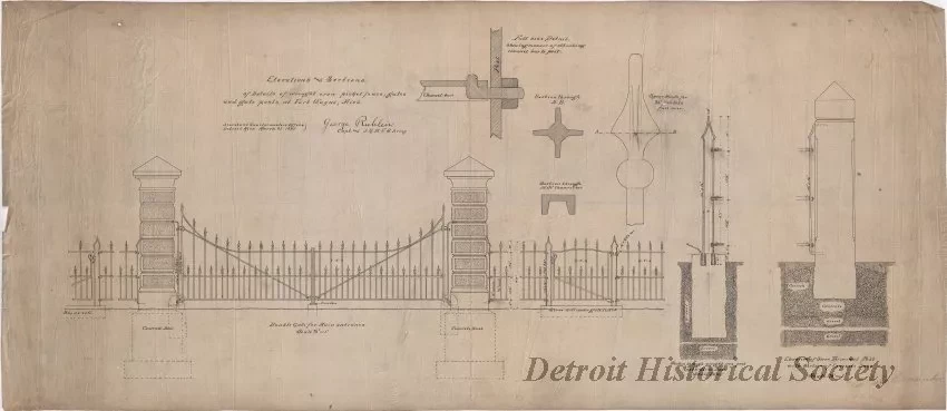 Drawing, Architectural - Elevations and Sections of Details of Wrought Iron Picket Fence, Gates, and Gate Posts at Fort Wayne, Mich.