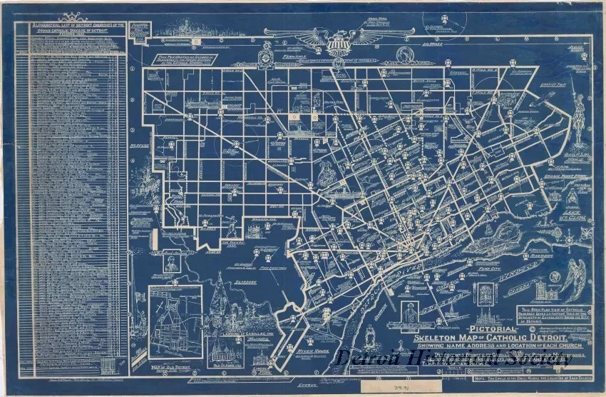 Map - Pictorial Skeleton Map of Catholic Detroit,
Showing Name, Address and Location of Each Church