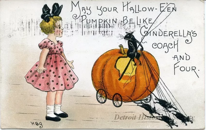 Postcard - May your Hallow-E'en Pumpkin Be Like Cinderella's coach and Four.
