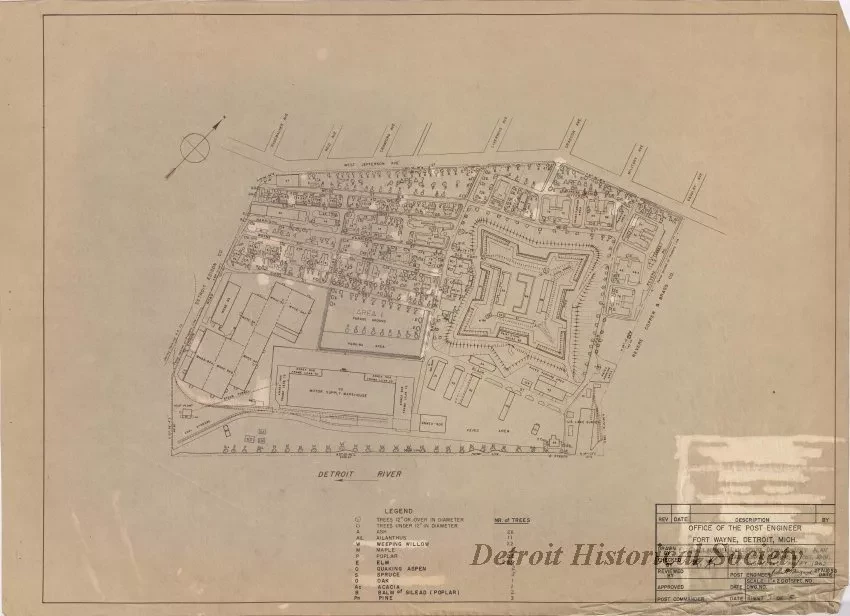 Drawing, Architectural - Office of the Post Engineer, Fort Wayne, Detroit, Michigan -
Landscape Development Plan (Tree Cover), Ft. Wayne, Detroit, Mich., 
as Completed for FY 1962