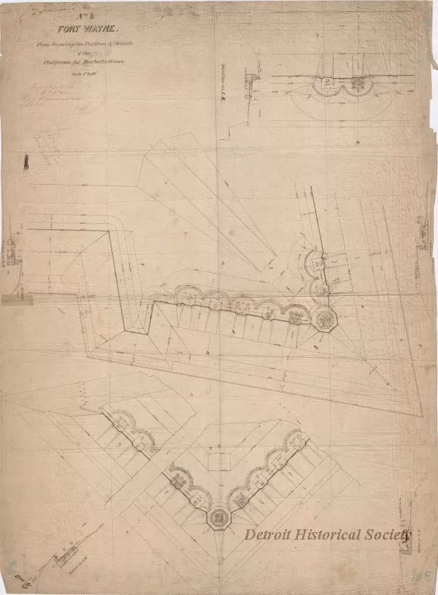 Drawing, Architectural - No. 8, Fort Wayne,
Plan Showing the Position & Details of Platforms for Barbette Guns