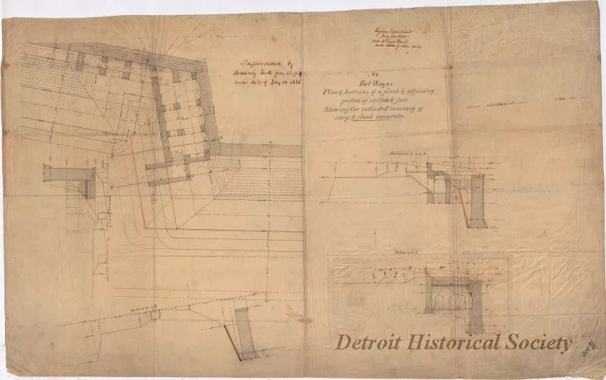 Drawing, Architectural - Fort Wayne,
Plans & Sections of a Flank & Adjoining Portion of Curtain & Face,
Showing the Intended Masonry of Scarp & Flank Casemates