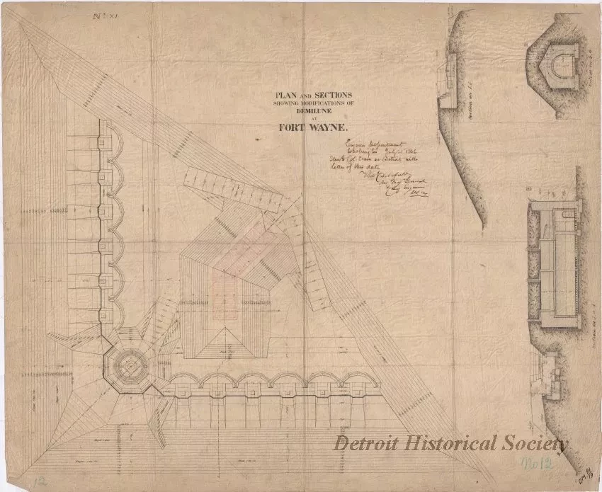 Drawing, Architectural - Plan and Sections Showing Modifications of Demilune at Fort Wayne