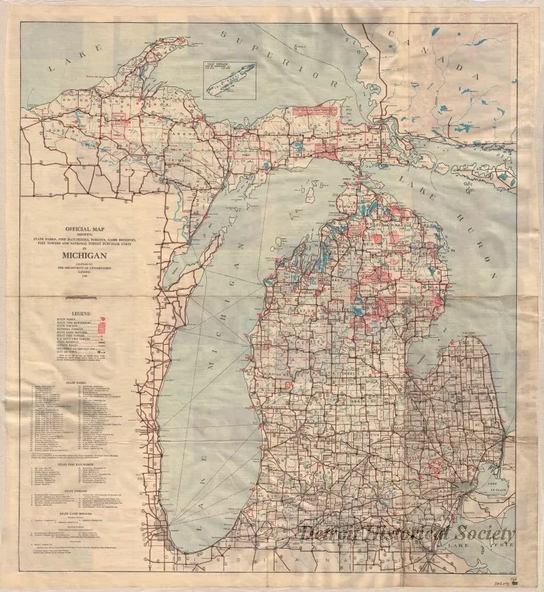 Map - Official Map Showing State Parks, Fish Hatcheries, Forests, Game Reserves, Fire Towers, and National Forest Purchase Units in Michigan