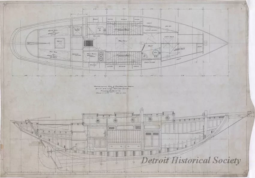 Drawing, Technical - Accommodation Plan & Construction Drawing of a
40' x 10' x 31'-6" x 5'-10" Auxiliary Cutter