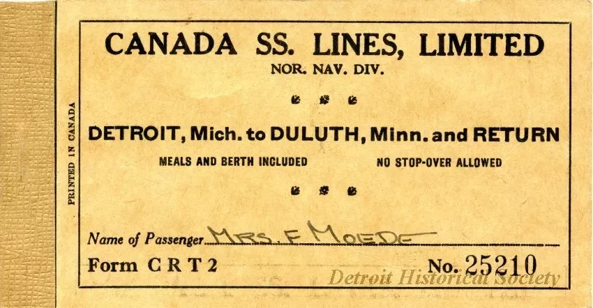 Ticket, Transportation - Canada SS. [Steamship] Lines, Limited
Nor. Nav. Div. [Northern Navigation Division]
