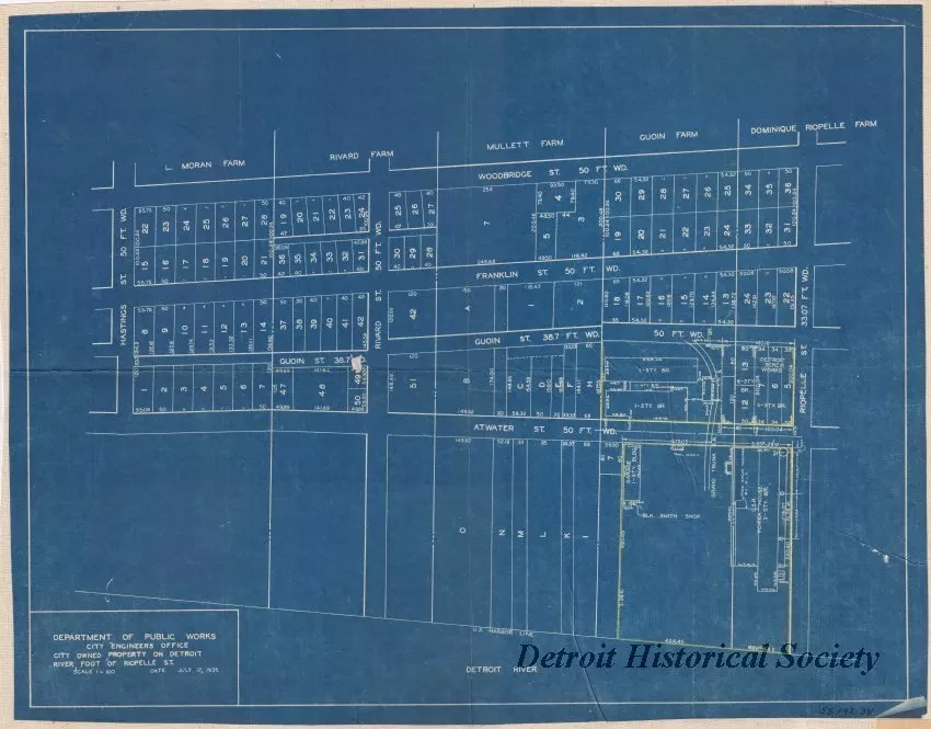 Plan, Survey - City Owned Property on Detroit River, Foot of Riopelle Street