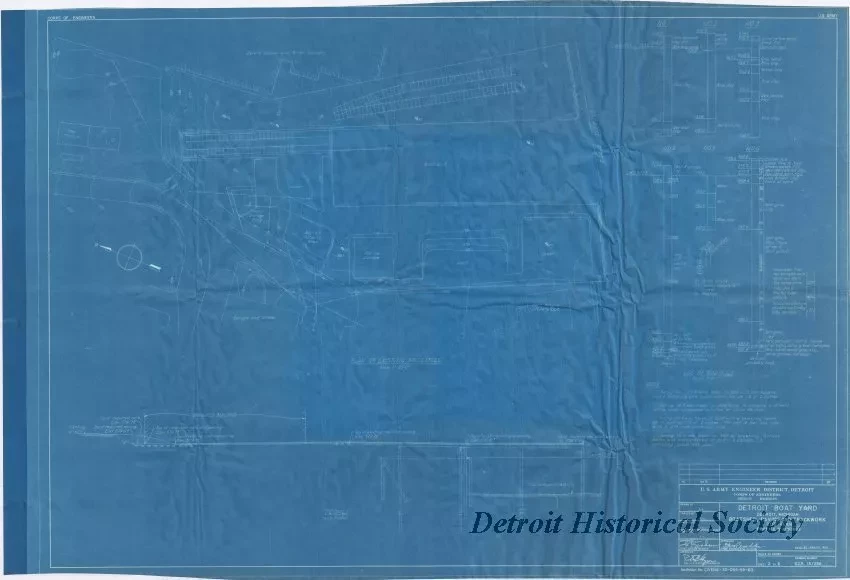 Blueprint - Detroit Boat Yard - 
Boatshed, Paving and Trackwork, 
Site Plan, Profile & Borings