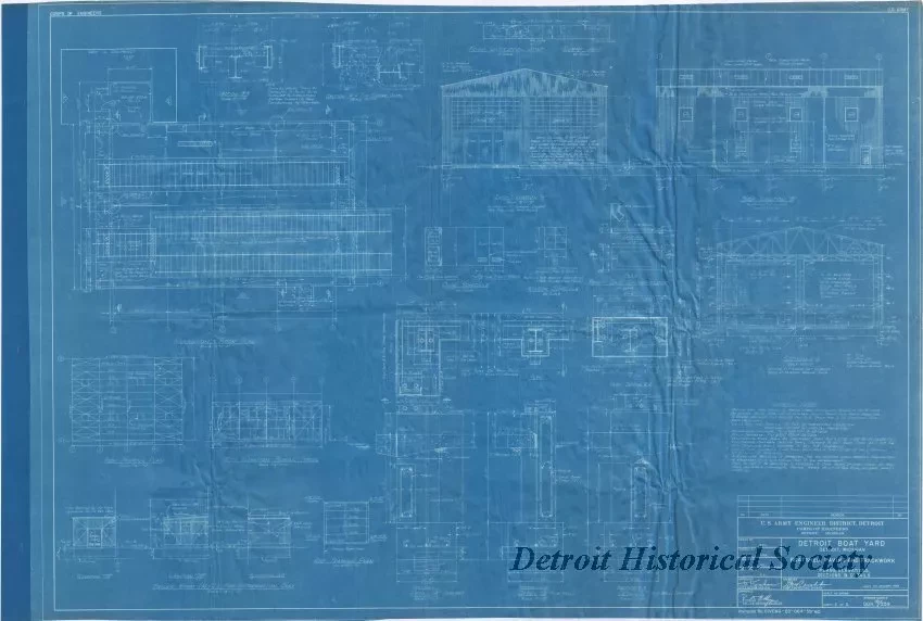 Blueprint - Detroit Boat Yard - 
Boatshed, Paving and Trackwork, 
Plans, Elevations, Sections & Details