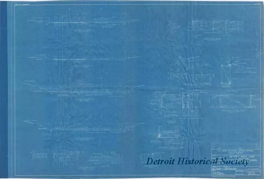 Blueprint - Detroit Boat Yard - 
Boatshed, Paving and Trackwork, 
Sections & Details