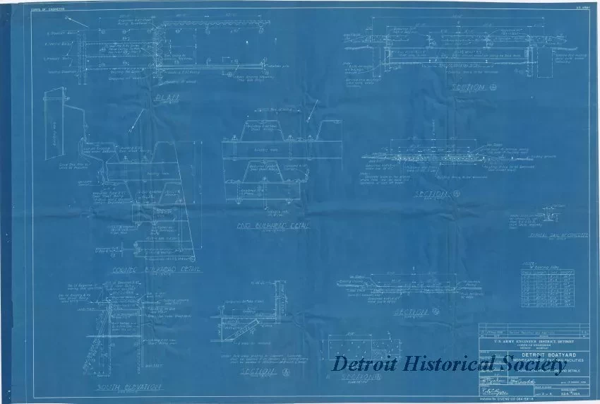 Blueprint - Detroit Boat Yard -
Modification of Existing Facilities;
Plan, Elevation, Sections and Details