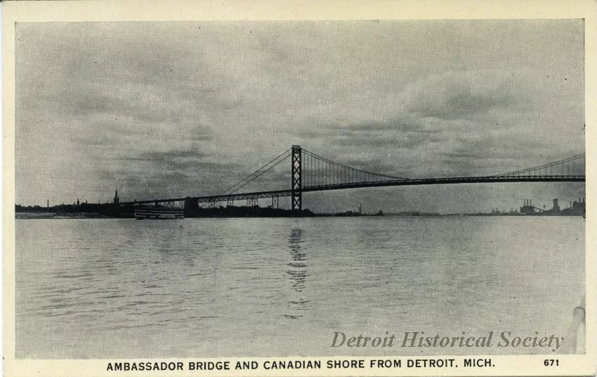 Postcard - Ambassador Bridge and Canadian Shore from Detroit, Mich.