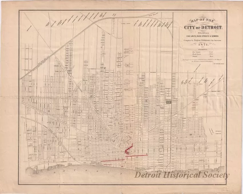 Map - Map of the City of Detroit,
Showing Fire Limits, Paved Streets & Sewers