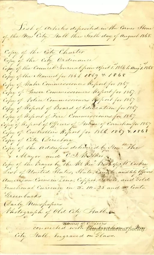 List - List of Articles Deposited in the Corner Stone of the New City Hall,
This Sixth Day of August, 1868