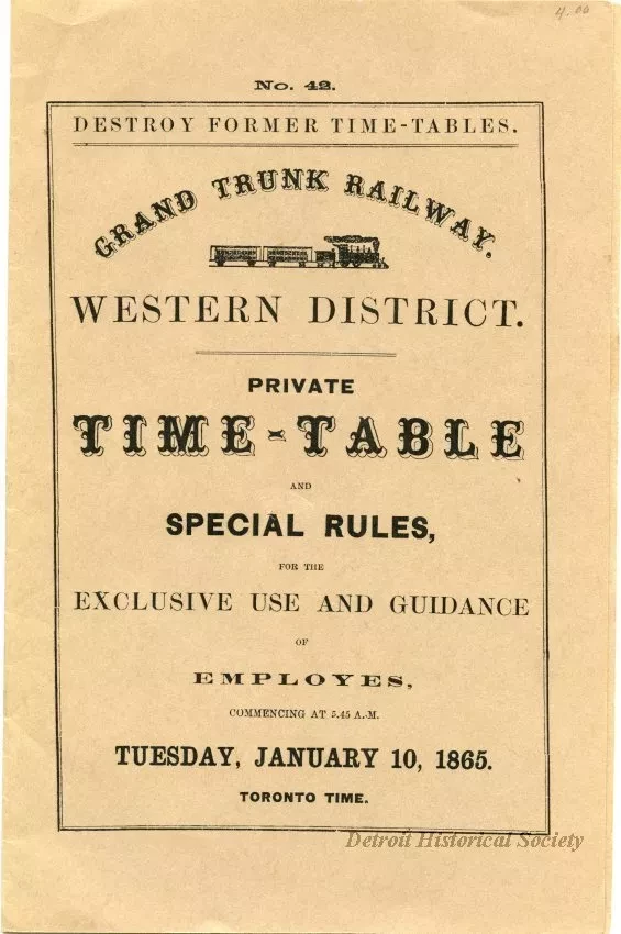 Timetable - Grand Trunk Railway, Western District, Private Time-Table and Special Rules for the Exclusive Use and Guidance of Employees.