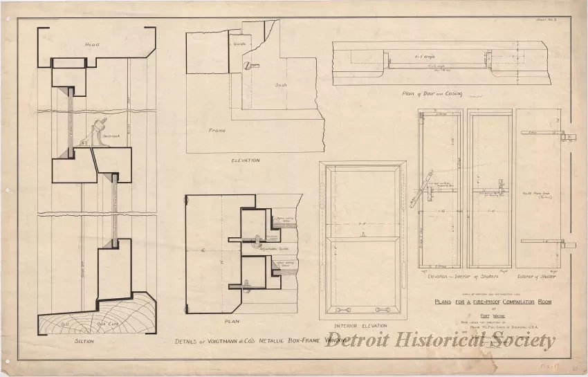 Drawing, Architectural - Plans for a Fire-Proof Comparator Room at Fort Wayne