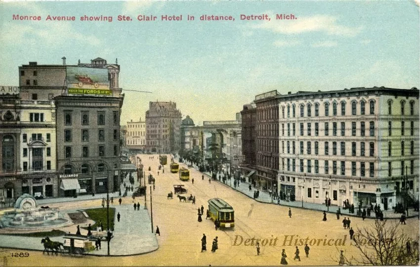 Postcard - Monroe Avenue showing Ste. Clair Hotel in distance, Detroit, Mich.