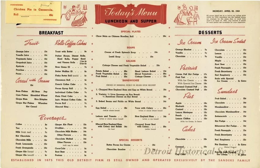 Menu - The Sanders Menu, Vol. 2, No. 9