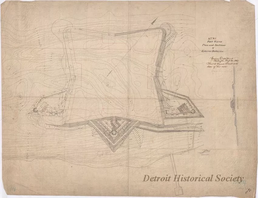 Drawing, Architectural - No. XII, Fort Wayne,
Plan and Sections of Exterior Batteries