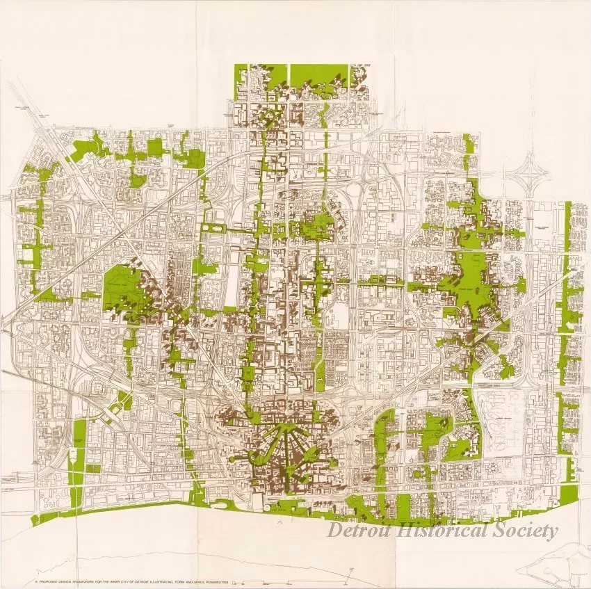 Drawing, Architectural - A Proposed Framework for the Inner City of Detroit,
Illustrating Form and Space Possibilities