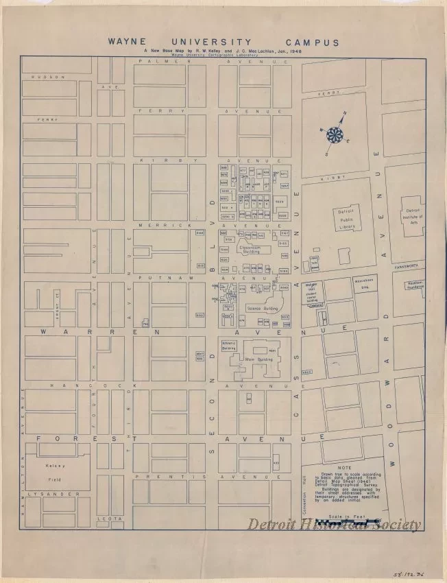 Blueprint - Wayne University Campus, 
A New Base Map by R. W. Kelley and J. C. MacLachlan, Jan., 1948