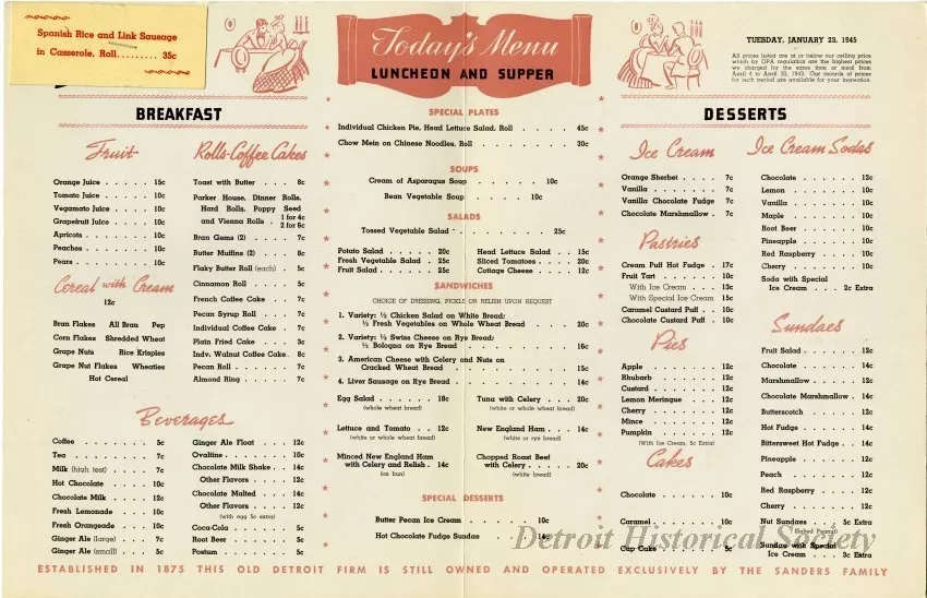 Menu - The Sanders Menu, Vol. 2, No. 1