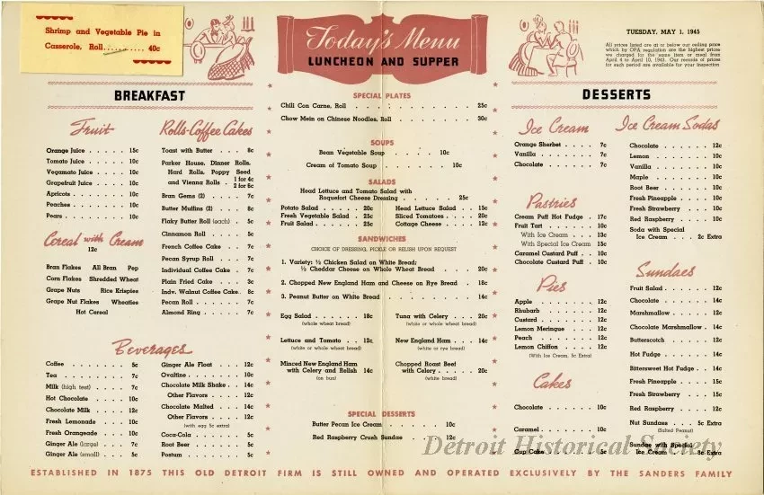 Menu - The Sanders Menu, Vol. 2, No. 9