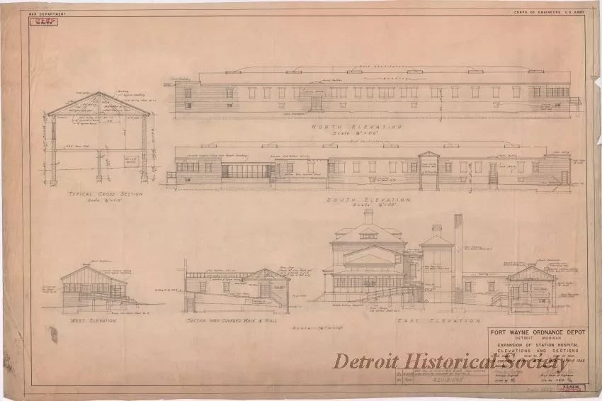 Drawing, Architectural - Fort Wayne Ordnance Depot, Detroit, Michigan -
Expansion of Station Hospital, Elevations and Sections