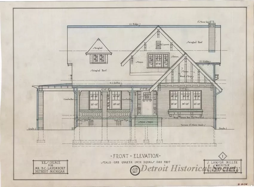 Drawing, Architectural - Residence for Mr. B. C. Ladendorf, Detroit, Michigan - Front Elevation