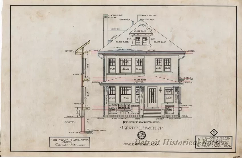 Drawing, Architectural - Residence for Mr. Frank C. Moriarty, Owner, 
Detroit, Michigan - Front Elevation